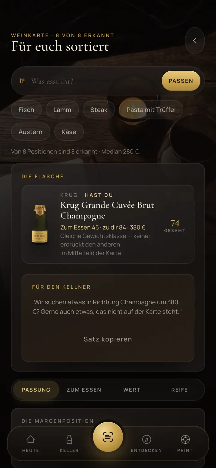 Vinum im Restaurant: Weinkarte erkannt, für euch sortiert